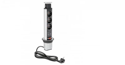 Indux Up & Down lille fordybbar jordet sølv køkken stikkontakt i arbejdsplade med 3 stikkontakter og 2 x USB 1208957842