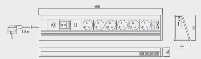 Indux Corner hjørne- og fritstående stikkontakt i aluminium med 6 jordforbundne stikkontakter og 6 USB-porte 1208957851