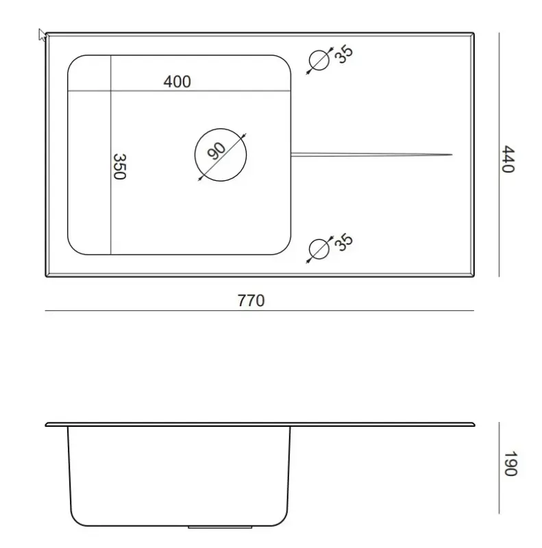 Quadri Glazz indbygningsvask i rustfrit stål med sort glas afdrypningsområde vendbar 77x44 1208957862