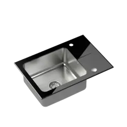 Quadri Glazz påbygningsvask i rustfrit stål med sort glas afdrypningsområde 64x44 vendbar 1208957864