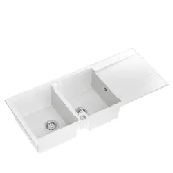 Quadri Luton indbygnings dobbelt granitvask hvid med afdrypningsområde 116x50 cm med rustfri stål prop 1208957882