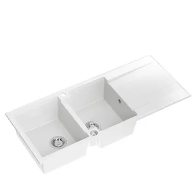 Quadri Luton indbygnings dobbelt granitvask hvid med afdrypningsområde 116x50 cm med rustfri stål prop 1208957882