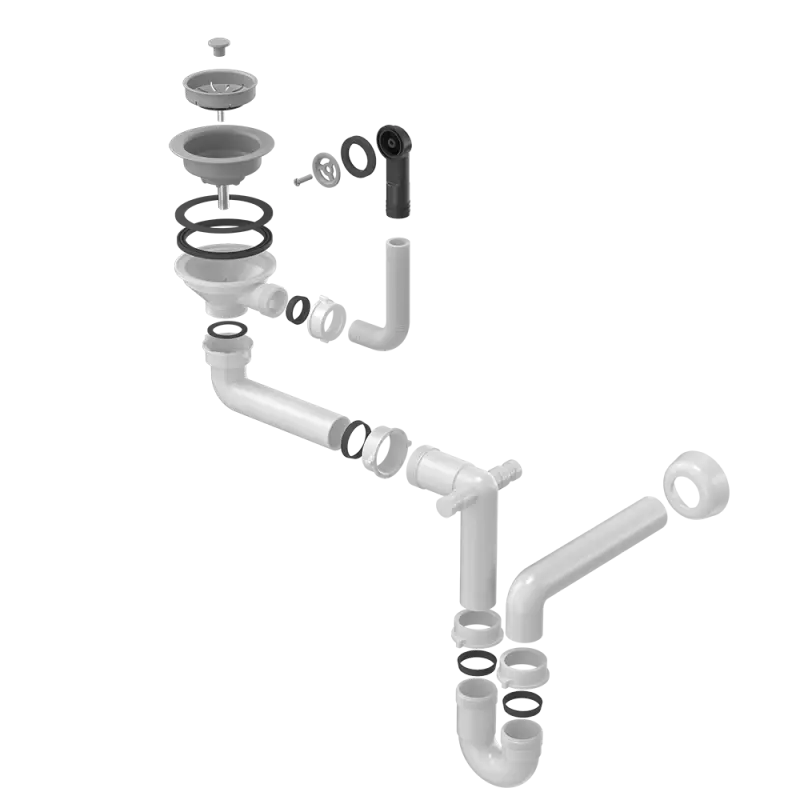 Quadri grå afløbssæt til køkkenvask med overløb og 1 vask 1208957900