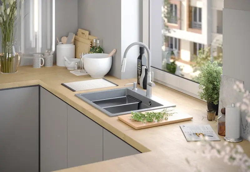 Quadri Durham hvid granit overflade vask 595x500 med sæbedispenser, skærebræt, rulleunderlag, indsatsvask og rulleunderlag 1208957903