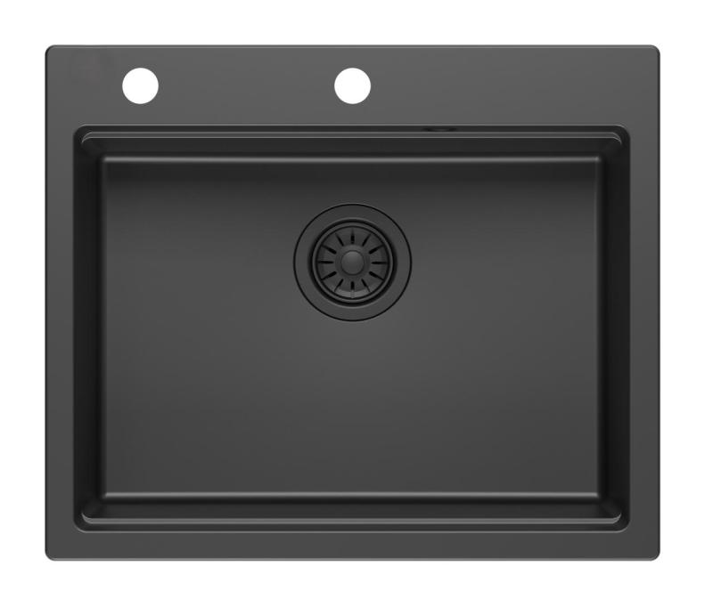 Quadri Durham sort granit overflade køkkenvask 595x500 med sæbedispenser, skærebræt, indsatsvask og rullemåtte 1208957904