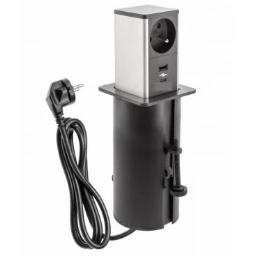 Indux Push udtrækkelig sort jordforbindelse stikkontakt med 1xUSB A og 1xUSB C med rustfrit stål dæksel 1208957928