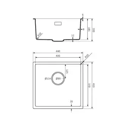 Lorreine BQ serie vask 44x41cm undermonteret sort med rustfri stål prop 40BQ37-FU-INOX