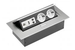 Desktop-forlængerkabel 2x schuko-stik, USB-stik, audio (banan), RJ45-stik (Ethernet), uden kabel, alu 1208958663