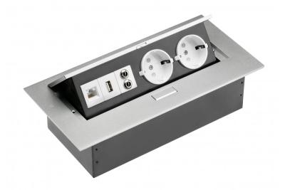Desktop-forlængerkabel 2x schuko-stik, USB-stik, audio (banan), RJ45-stik (Ethernet), uden kabel, alu 1208958663
