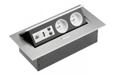 Desktop-forlængerkabel 2x stik med jordforbindelse, USB-stik, audio (banan), stik RJ45 (Ethernet), uden kabel, aluminium 1208958664