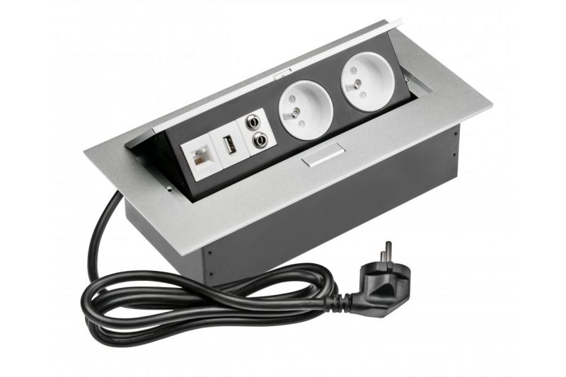 Skrivebordsforlængerkabel 2x stik med jordforbindelse, gn. USB, audio (banan), gn. RJ45, strømkabel med stik, alu 1208958677