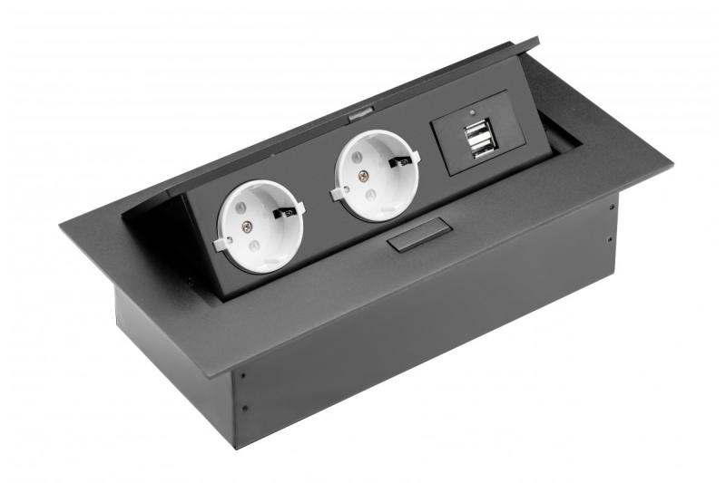 Desktop-forlængerkabel, 2x Schuko-stik, 2xUSB, uden kabel, sort 1208958686