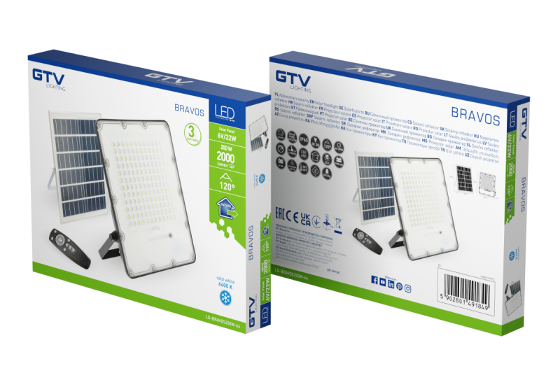 LED oversvømmelseslys BRAVOS, 200W, 2000lm, 6400K, IP65, 120°, solpanel, fjernbetjening, 3y 1208962683