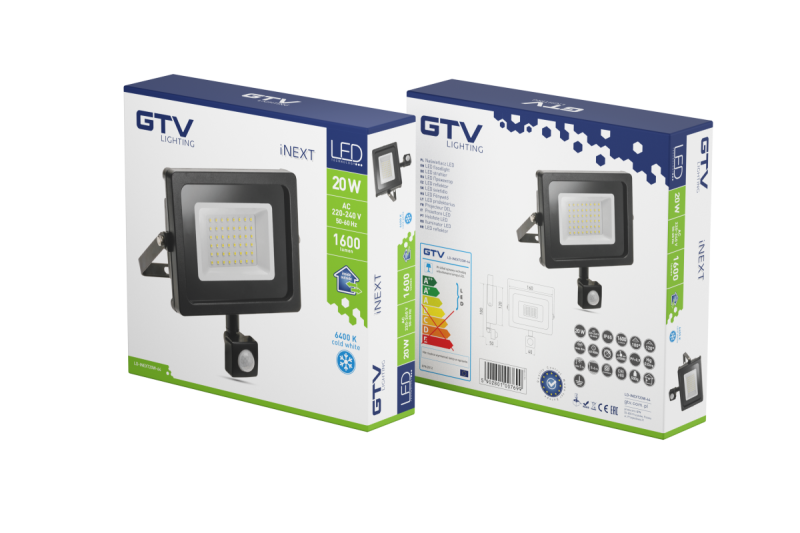 LED-projektør iNEXT med bevægelsessensor 20 W 1600 lm, PF>0,9, RA>80, IP65, 120°, 6400 K, sort krop 1208962859