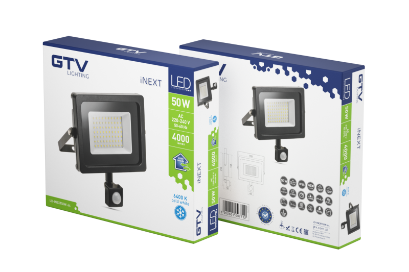 LED projektør iNEXT med bevægelsessensor 50W 4000lm, PF>0,9, RA>80, IP65, 120°, 6400K, sort krop 1208962862