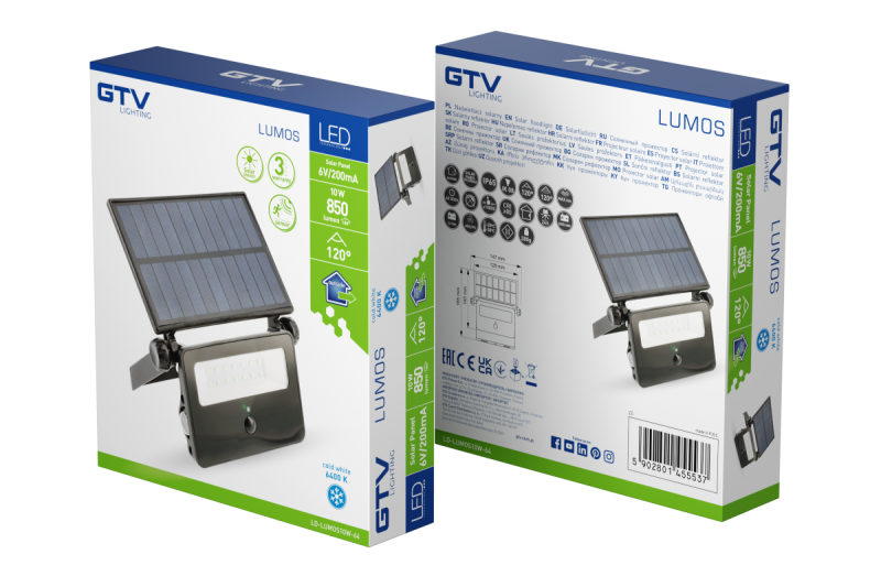 Solar LED oversvømmelseslys LUMOS, med bevægelsessensor, 10W, 850lm, 6400K, IP65, 120°, solpanel, 3y 1208962938