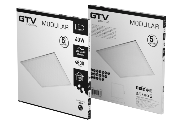 LED-armatur MODULAR, bagplade, 60x60cm, 4000K, 40W, 4800lm, AC220-240V, PF>0,9, IP54, 5y 1208962999