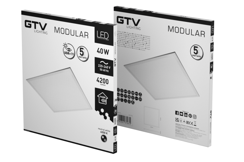 LED armatur MODULAR, bagplade, 60x60cm, 4000K, 40W, 4200lm, AC220-240V, PF>0,9, IP54, 5y, UGR<19 1208963000