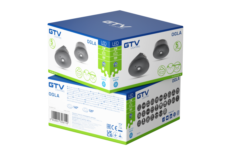 Nødlys OGLA LED, 3W, 200lm, AC220-240V, 50-60Hz, IP20, 6400K, 3H, enkelt-opgave, TEST, sort 1208963017