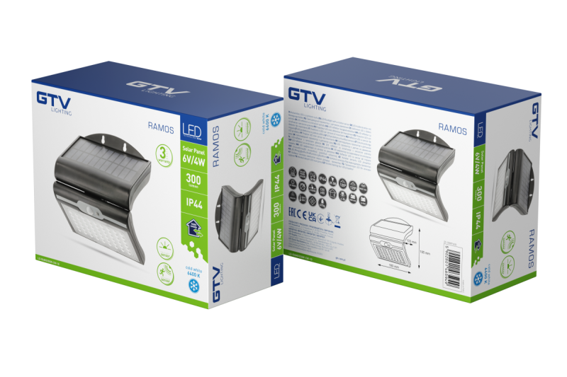 RAMOS Solar Facade Lysarmatur med bevægelse/skumrings sensor, 50W, 300lm, 3,7V 1800mAh, IP44, 6000K, Sort 1208963115