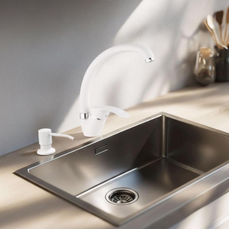 Quadri hvid køkkenarmatur sæt med indbygget sæbedispenser og justerbar indsatsbakke hvid 1208966928