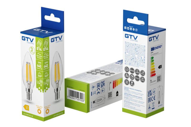 LED LYSKILDE, FILAMENT, A-G, C35, 2700K, E14, 5,8W, AC220-240V, 360°, 640lm, 50mA 1208966964