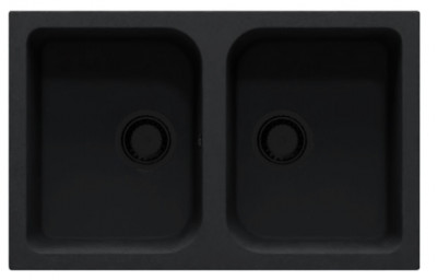 GraniteMy Dortmund sort granit dobbeltvask til montering ovenpå 76x48 cm med sort afløb 1208967041