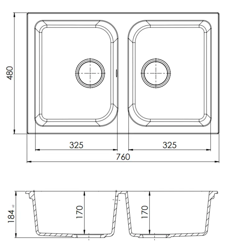 GraniteMy Dortmund sort granit dobbeltvask til montering ovenpå 76x48 cm med sort afløb 1208967041