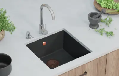 GraniteMy Universal granit sort vask 40x40 cm sort til overmontering, undermontering og planmontering med kobberprop 1208967114.
