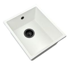 GraniteMy Universal granit hvid vask 34x40 cm hvid til indbygning, underbygning og planmontering med sort prop 1208967147