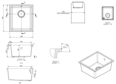GraniteMy Universal granit hvid vask 34x40 cm hvid til indbygning, underbygning og planmontering med sort prop 1208967147