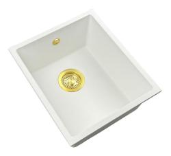 GraniteMy Universal granithvide vask 34x40 cm hvid overmonteret undermonteret og planmonteret med gylden prop 1208967149