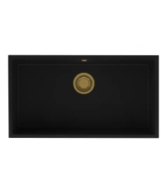 GraniteMy Universal granit stor sort vask 74x40 cm til montering ovenpå, undermontering og planmontering med gylden prop 1208967159
