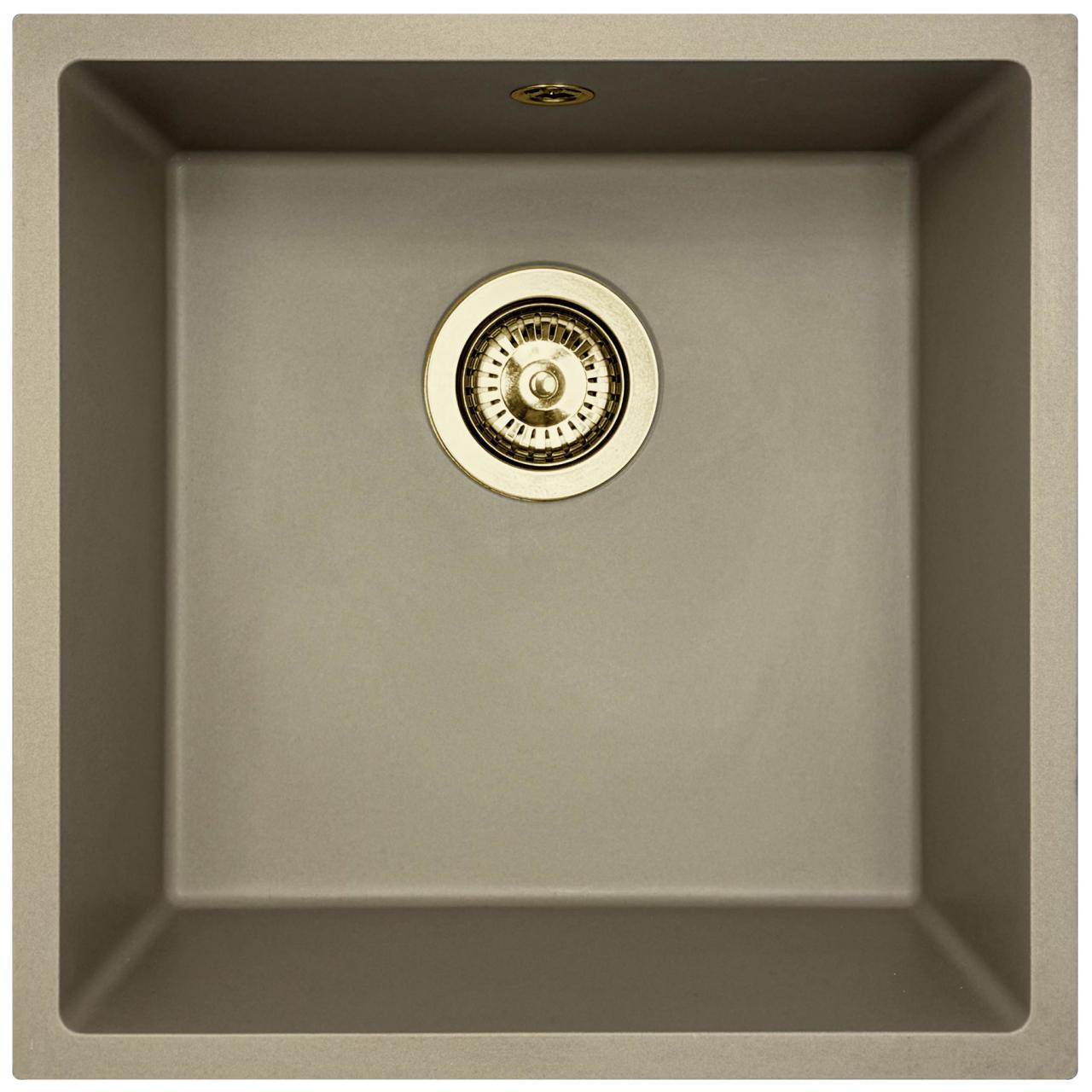 GraniteMy Universal granit taupe vask 40x40 cm til overmontering, undermontering og planmontering med guldfarvet prop 1208967215