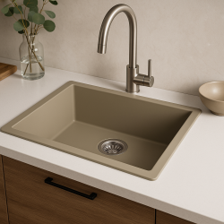 GraniteMy Universal granit taupe vask 50x40 cm til overmontage, undermontage og planmontage med rustfrit stål prop 1208967223