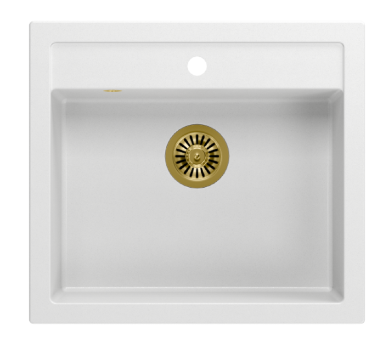 Quadri Landsted vask i granit til landlig stil, mat hvid med gylden prop, 595x540mm, 1208967264