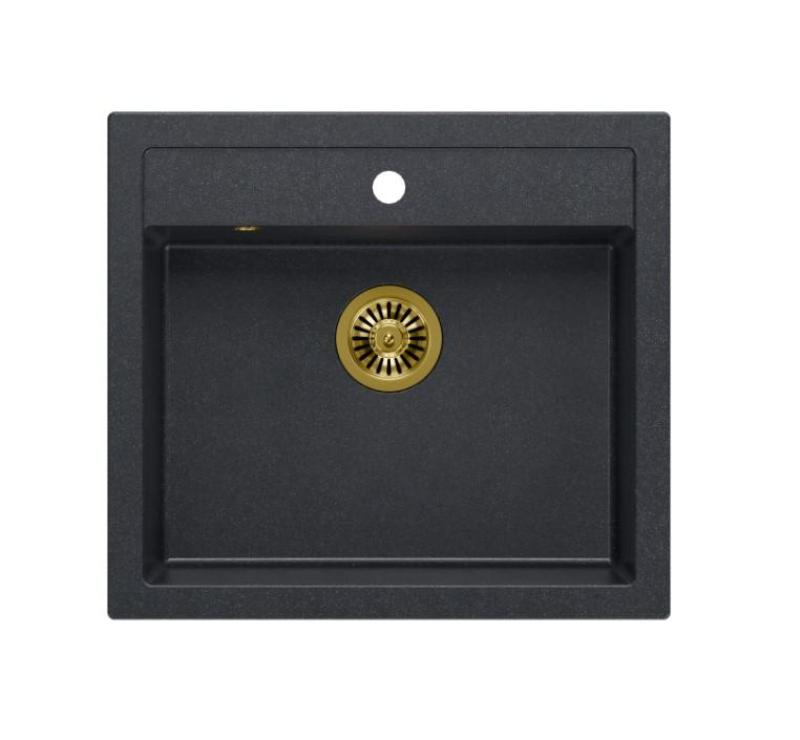 Quadri Farmhouse landlig under- eller overmonteret granitvask antracit med gylden prop 595x540mm 1208967267