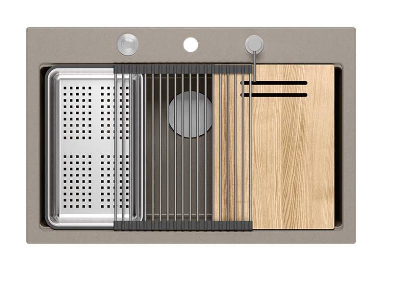 Quadri Hard Rock taupe granitisk overmonteret stor vask 76x50cm inklusive rustfri stålprop og tilbehør 1208967270