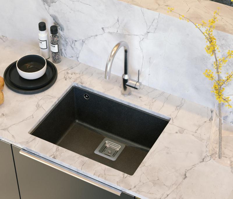 Quadri Quadrangle antracit granit underbygningsvask 55x42cm med rustfri stålprop 1208967273