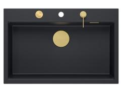 Quadri Hard Rock mat sort granit overflademontering stor vask 76x50cm inklusive gylden prop og tilbehør 1208967277