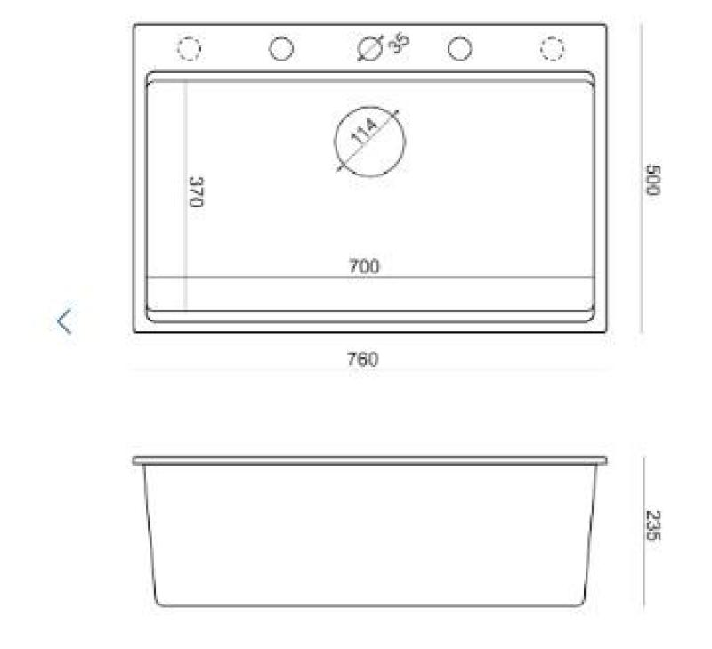 Quadri Hard Rock mat sort granit overflademontering stor vask 76x50cm inklusive gylden prop og tilbehør 1208967277