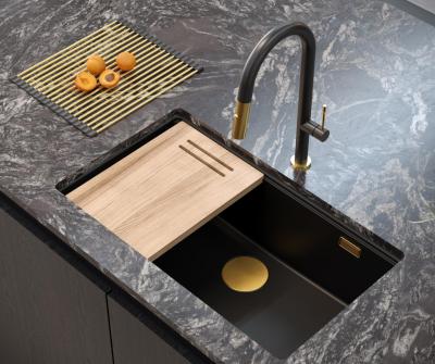 Quadri Newport II stor og dyb vask i granit til topmontering og undermontering, sort vask 76x45 cm med gylden prop 1208967307