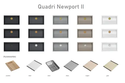 Quadri Newport II stor og dyb vask i granit til både overmontering og undermontering grå vask 76x45cm med gylden prop 1208967315
