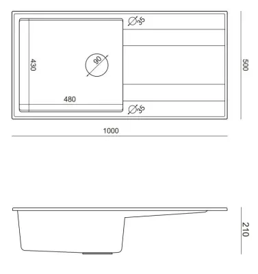 Quadri Luton sort granit vask med afløbsplads, vendbar, 100x50cm med kobberprop 1208967316