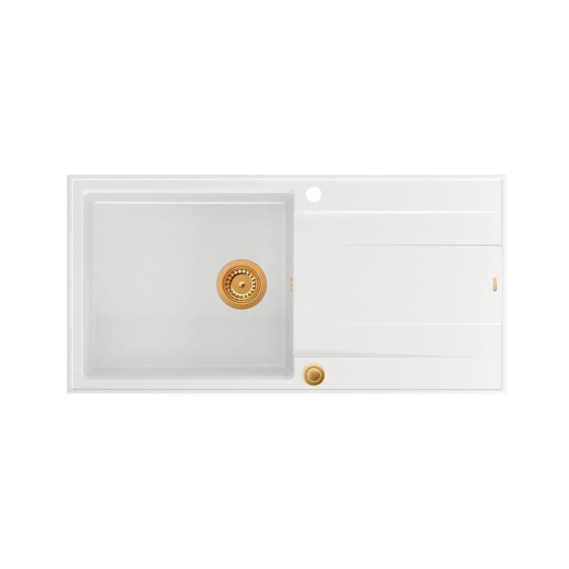 Quadri Luton white granite Inset Kitchen Sink with draining board reversible 100x50cm with copper plug 1208967318