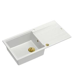 Quadri Luton hvid granit vask med afdrypningsområde, vendbar, 100x50cm med gylden prop 1208967319