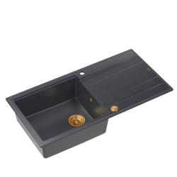 Quadri Luton antraciet granieten opbouw spoelbak met afdruipvlak omkeerbaar 100x50cm met kobber prop 1208967321