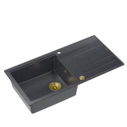 Quadri Luton antracit granit køkkenvask med afdrypningsområde, vendbar 100x50 cm med guldfarvet prop 1208967322