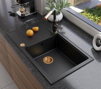 Quadri Luton sort granit stor overfladevask med afdrypningsområde vendbar 86x50cm med kobberprop 1208967326
