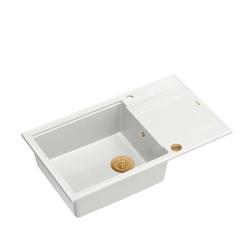 Quadri Luton hvid granit stor overmonteret vask med afdrypningsområde, vendbar 86x50 cm med kobberprop 1208967328